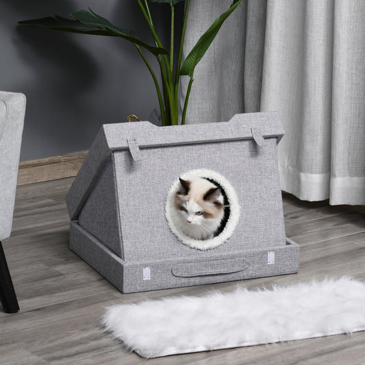 PawHut Wooden Cat House Foldable Kitten Cave 2 In 1 Design Condo Pet